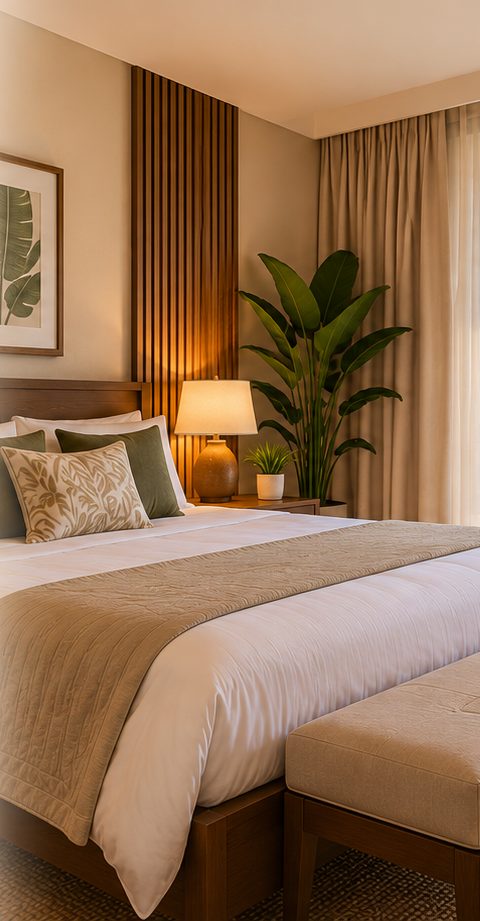 A neatly made bed with cushions, a bedside lamp and a plant