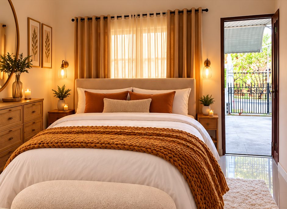 A warm, softly lit bedroom with a made-up bed, orange cushions and an open door to the yard