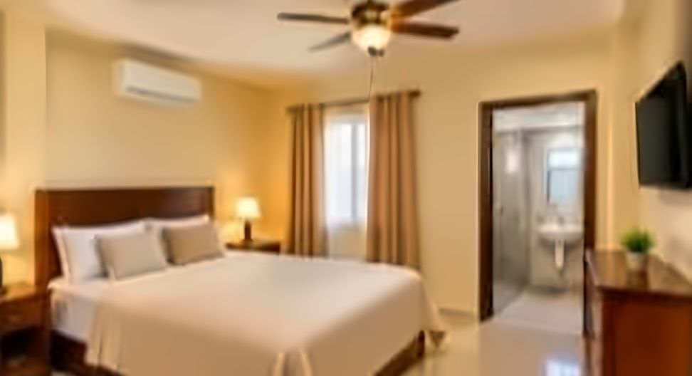 Large room with a double bed, air conditioning, ceiling fan, TV and its own washroom