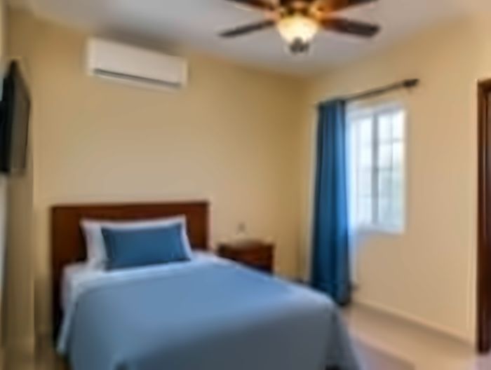 Regular room with a bed, air conditioning, ceiling fan and its own washroom